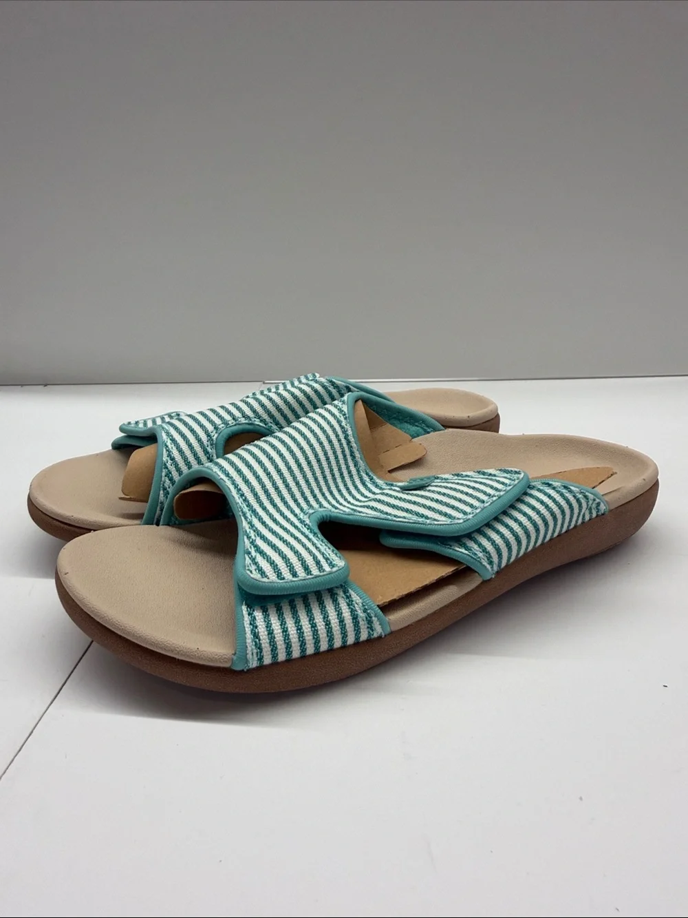 NEW Spenco Waco Women’s Comfort Striped Teal Slide Sandals Size 8.5